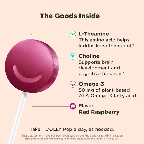 OLLY Mellow Buddies L'OLLY Pops Omega-3 ALA for Kids Supports Calm Mood & Healthy Brain Function, Raspberry Flavored Die