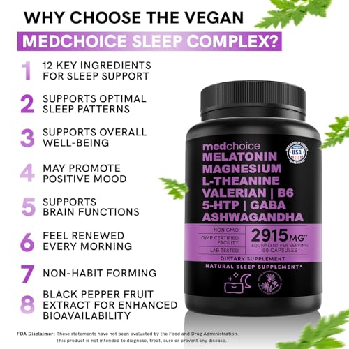 12-in-1 Melatonin Sleep Capsules for Adults with Melatonin 5mg and Magnesium Glycinate 500mg
| Natural Sleep Aids with