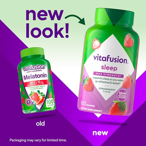 America's Number 1 Gummy Vitamin Brand Vitafusion Max Strength Melatonin Gummy Supplements, 10 mg Strawberry Flavored S