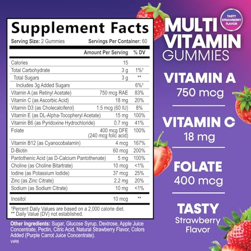 Multivitamin Gummies for Adults with Immune Support and Essential Vitamins A, C, D, E, B-6, B-12, Zinc - Daily Suppleme