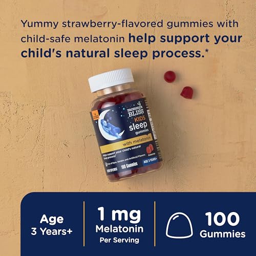 Mommy's Bliss Kids Sleep Melatonin Gummies, Strawberry Flavor, Natural Ingredients, Age 3+, 100 Gummies, Enhanced Sleep,