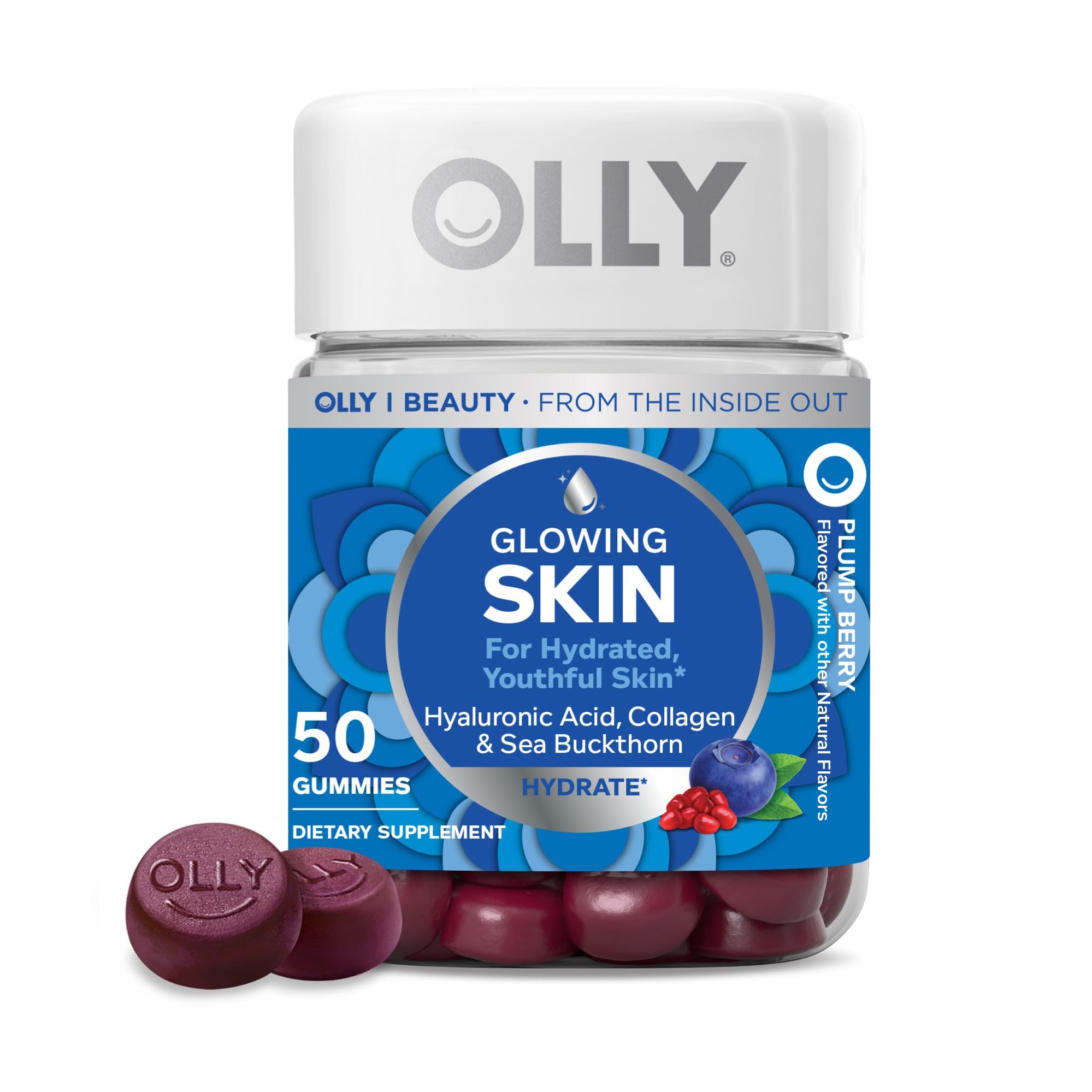  OLLY Glowing Skin Gummies for Hydrated & Youthful Skin - Hyaluronic Acid & Collagen Peptides, Plump Berry Flavor, 25 Da