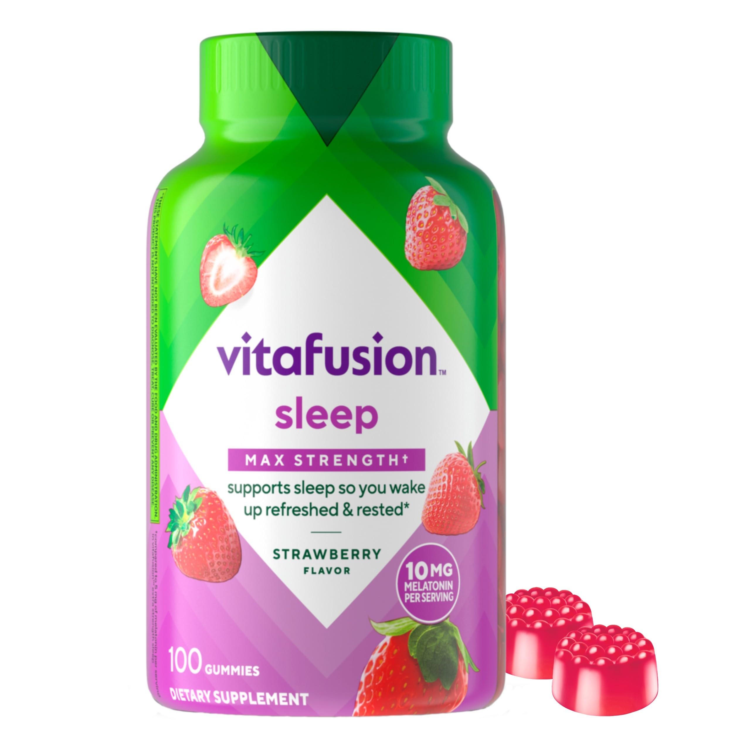 America's Number 1 Gummy Vitamin Brand Vitafusion Max Strength Melatonin Gummy Supplements, 10 mg Strawberry Flavored S