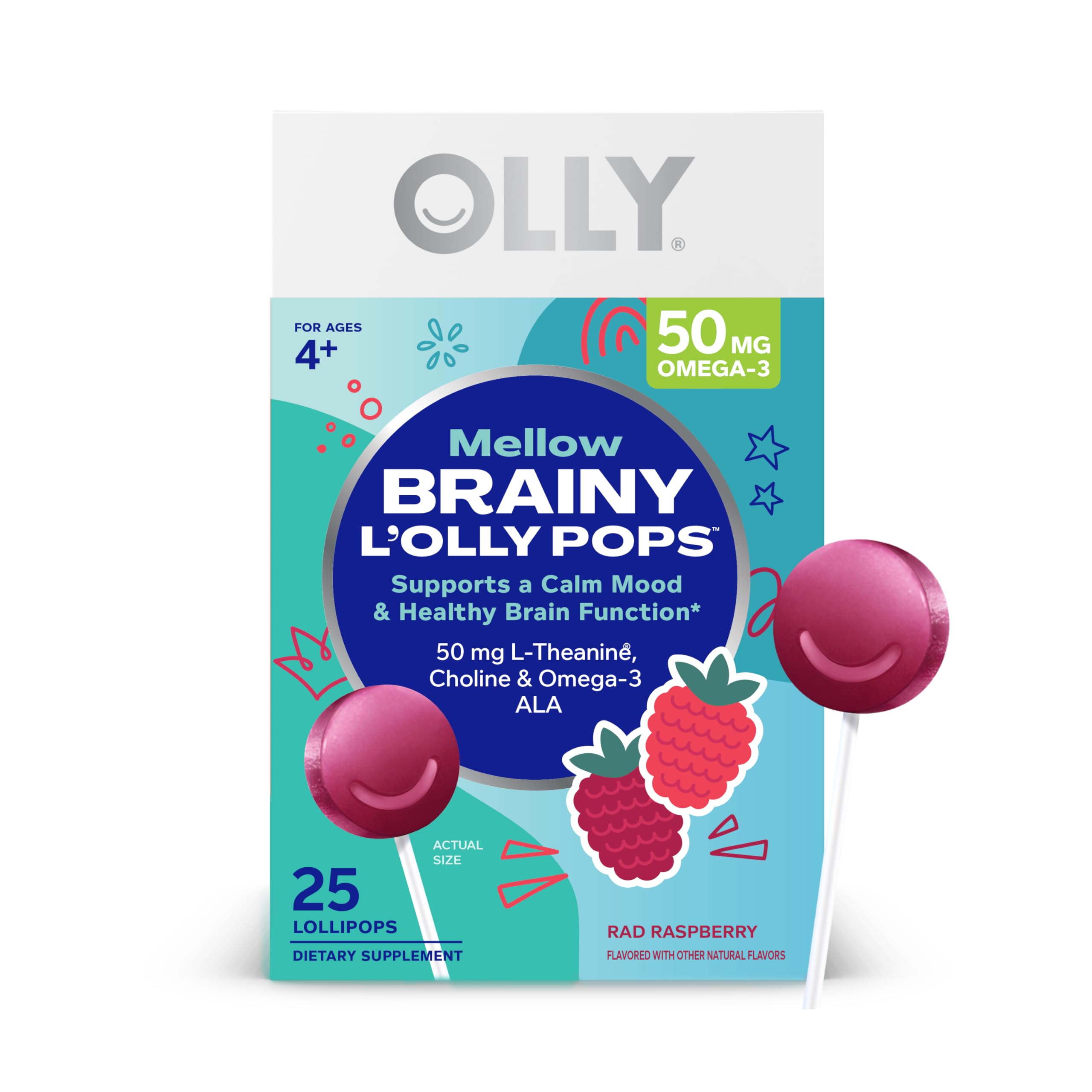 OLLY Mellow Buddies L'OLLY Pops Omega-3 ALA for Kids Supports Calm Mood & Healthy Brain Function, Raspberry Flavored Die