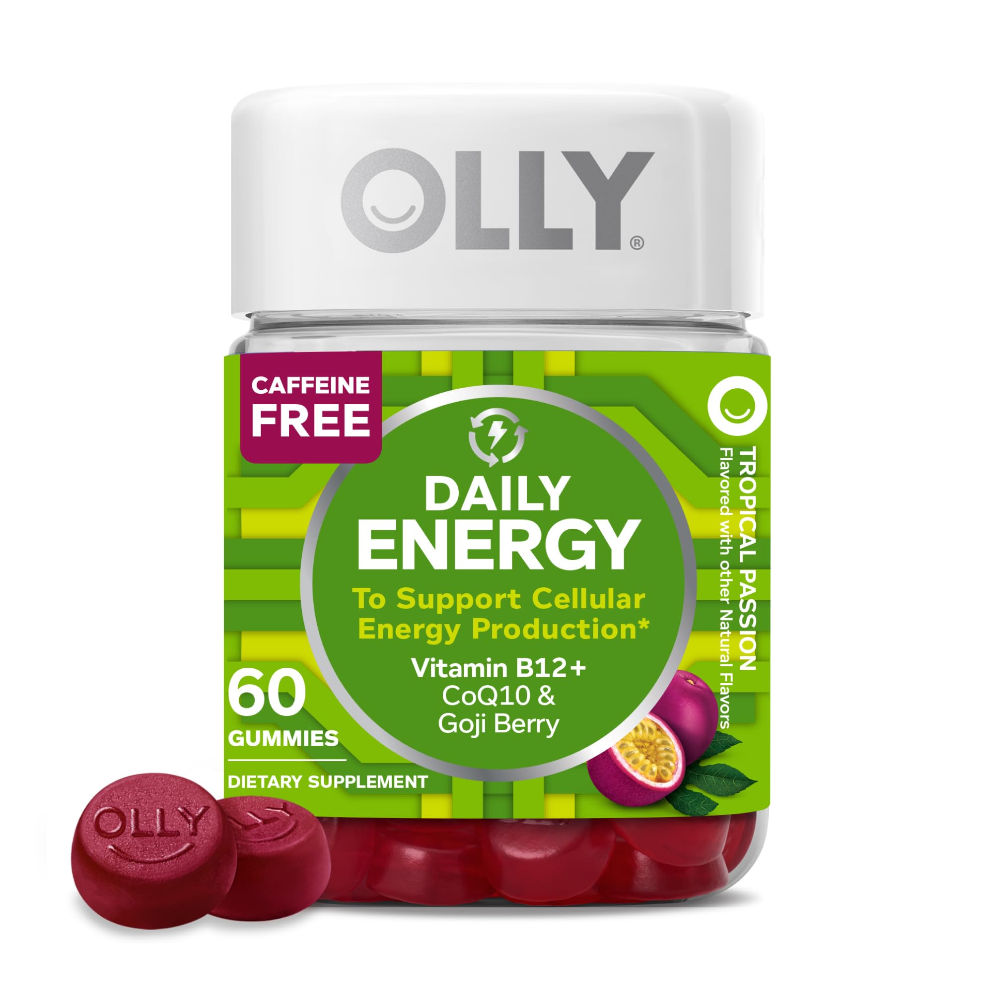 OLLY Daily Energy Gummy Tropical Flavor for Adults - Caffeine Free, Vitamin B12, CoQ10, Goji Berry, 60 Count - High Ener