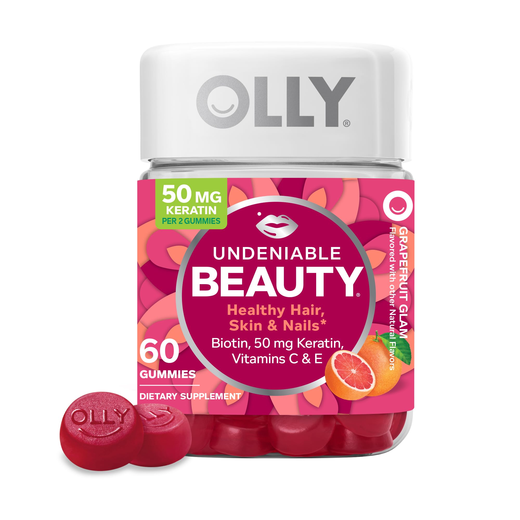 OLLY Undeniable Beauty Gummy: Hair, Skin, Nails Supplement for Women - Biotin, Vitamin C, Keratin, Grapefruit Flavor, 60